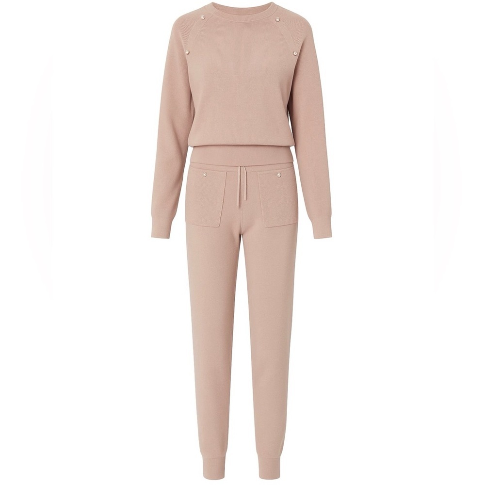 Premium Boutique Knit Lounge Set Taupe Pearl Detail Sweater & Jogger Pants Set - Picture 5 of 7